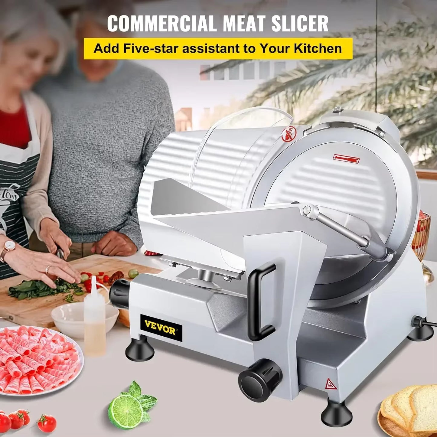 VEVOR Commercial Meat Slicer, 10 inch Electric Food Slicer, 240W Frozen Meat Deli Slicer, Premium Chromium-plate