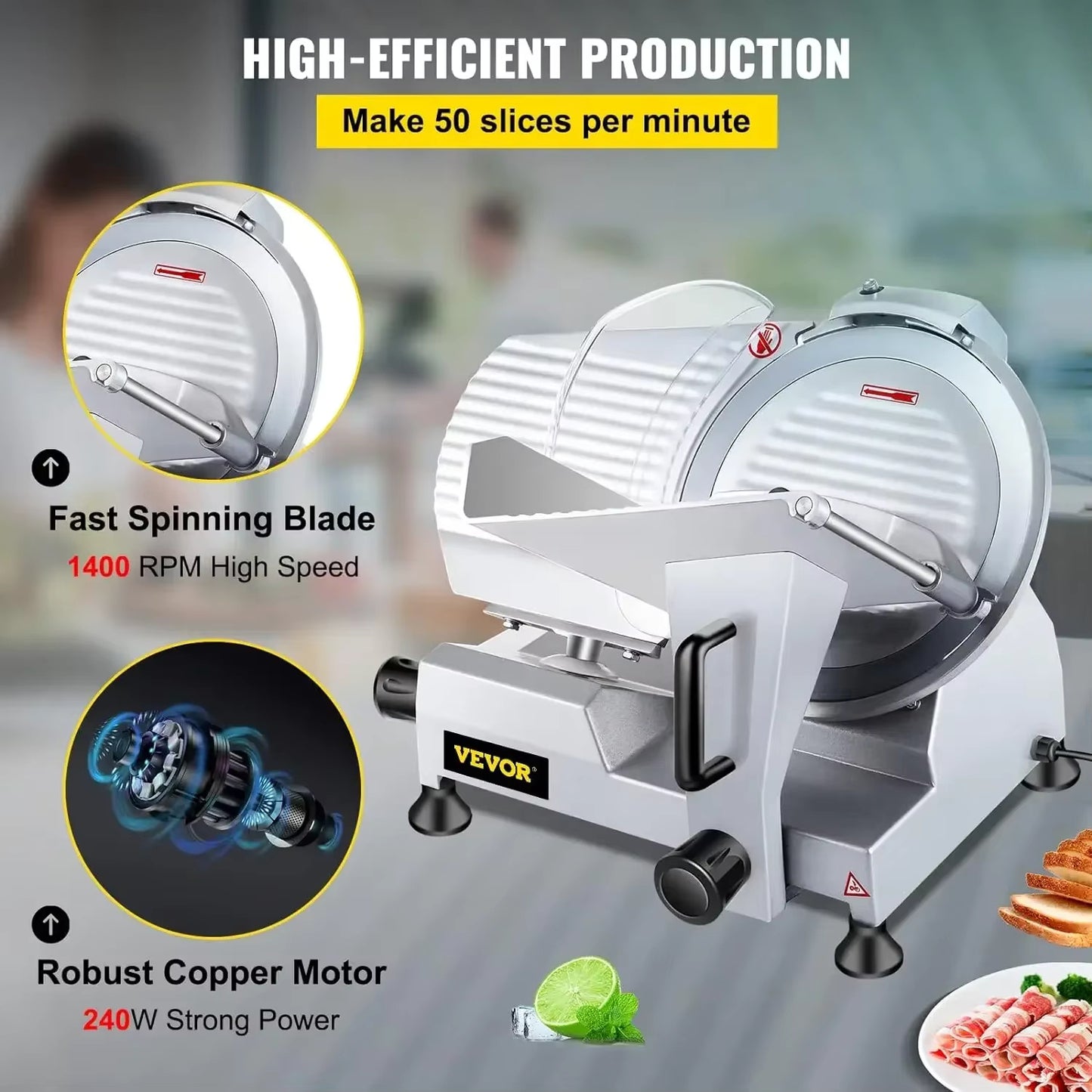 VEVOR Commercial Meat Slicer, 10 inch Electric Food Slicer, 240W Frozen Meat Deli Slicer, Premium Chromium-plate